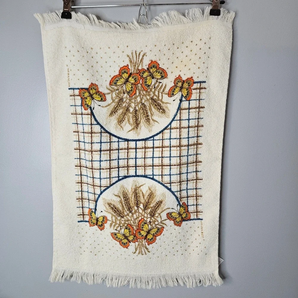 Vtg Cannon Hand Towel Washcloth Set Cream Butterfly‎ Wheat 70s Retro Made in USA
